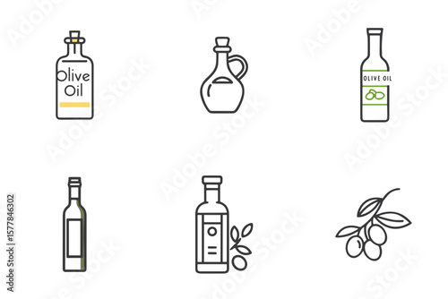 Olive oil bottle icon set for culinary blogs, recipe websites, health food packaging, Mediterranean diets, nutrition education, and product branding