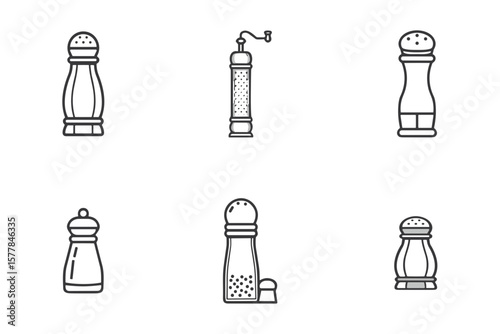 Pepper shaker icon set for food packaging, restaurant graphics, spice blogs, culinary printables, kitchenware branding, and seasoning presentations