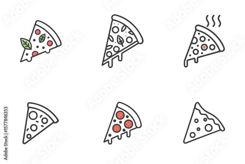 Pizza slice icon set for restaurant menus, fast food packaging, food blogs, celebration clipart, party invites, and culinary product design