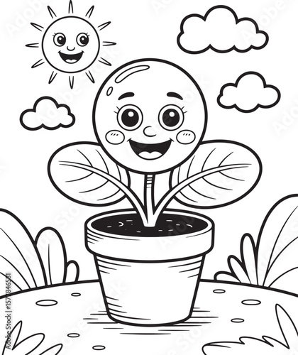 Smiling Plant in Pot with Sun and Clouds Vector Illustration