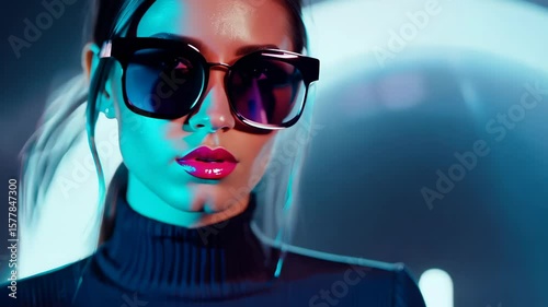 Stylish woman in Sunglasses with Neon Lighting