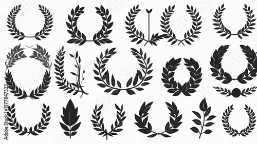 laurel wreath icon set, winner wreath, black laurel wreath from leaves on white background eps10
