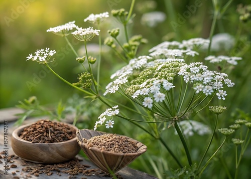 Caraway seeds and dried caraway plant in wooden bowls