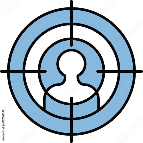 A person silhouette inside a blue target with black crosshairs on a light gray background design