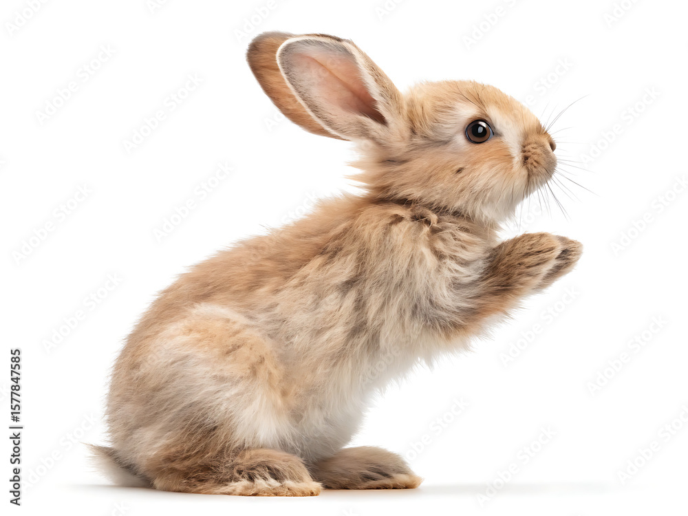 Fototapeta premium A fluffy brown bunny standing on its hind legs against a plain white studio background looking curious