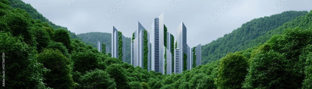 Obraz premium Futuristic Urban Skyline Surrounded by Lush Green Forest and Mountains in a Modern Landscape