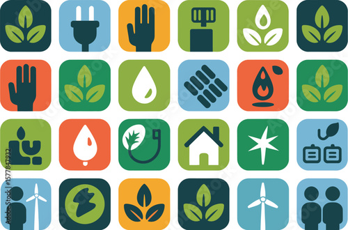 Collection of eco friendly and sustainable energy icons in a grid pattern on a gradient background