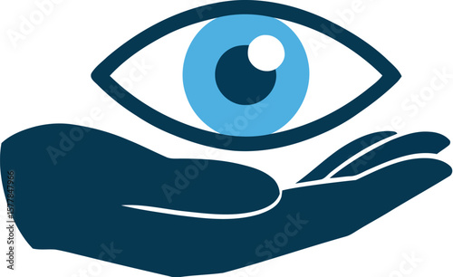 A stylized image showing a dark blue hand holding a light blue eye against a white background space
