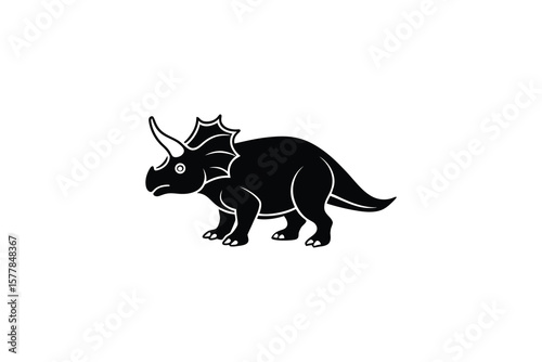 Triceratops Dinosaur Illustration in Black and White Silhouette