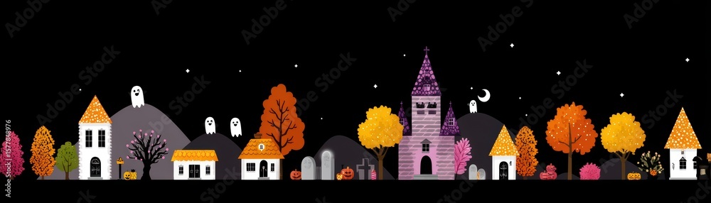 Fototapeta premium Spooky Halloween Landscape with Colorful Trees, Haunted Houses, Ghosts, and Autumn Elements at Night
