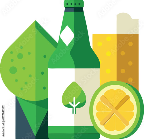 Refreshing Green Beer Bottle with Lemon Slice and Glass, Summer Beverage Concept, Flat Design Illustration, Modern Minimalist Style, Vector...