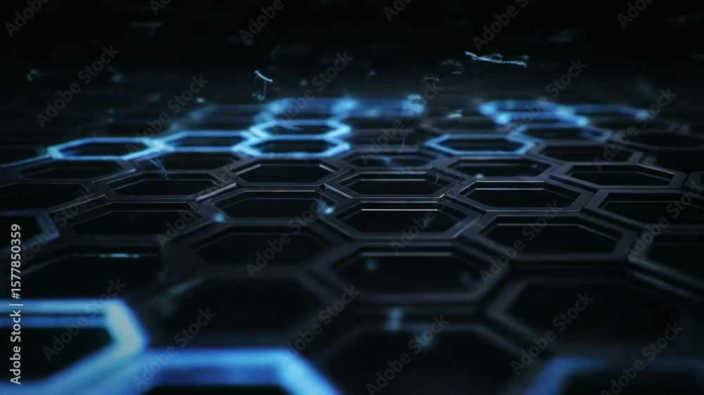 Cinematic loop of a dark, metallic hexagonal grid slowly pulsing with electric blue highlights. Random sections illuminate like a network heartbeat, with subtle depth blur and floating data particles.