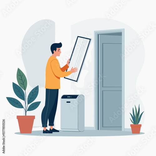 Young man adjusting air filter while standing by door with plants  