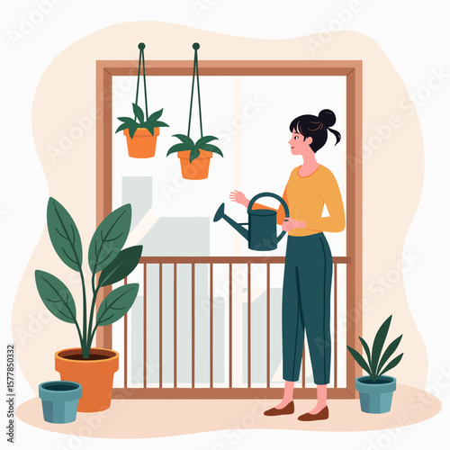 Young woman watering indoor plants by the window in bright room  