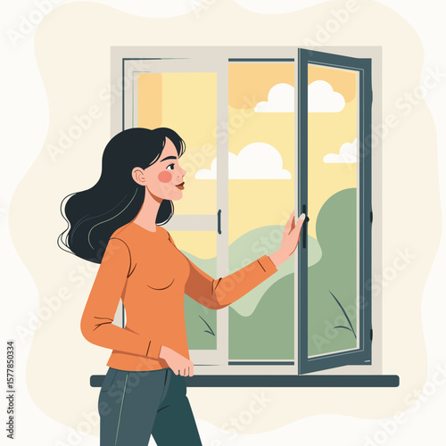Woman opening window and enjoying the view of nature outdoors  