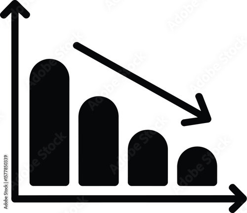 A black and white illustration of a bar graph with a downward trending arrow on a light gray background