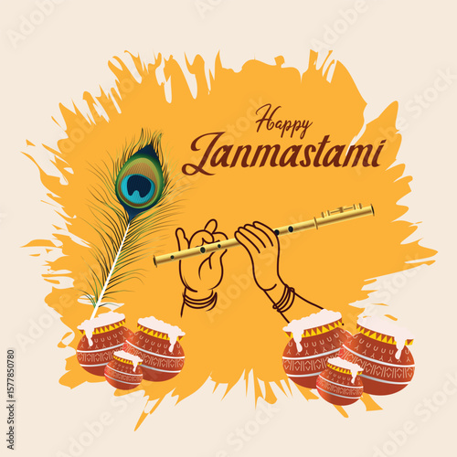 Happy Janmashtami Celebration with Krishna's Flute and Peacock Feather