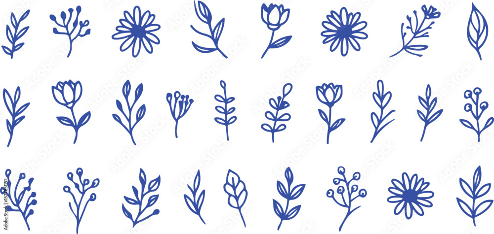 Fototapeta premium Blue floral and botanical line art leaves flowers