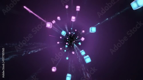 floating 3D data blocks moving through a deep gradient tunnel. Blocks softly glow in shades of cyan and magenta, with occasional light flares and thin digital trails creating a sense of rapid data