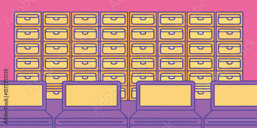 Purple laptops and yellow drawers technology tech