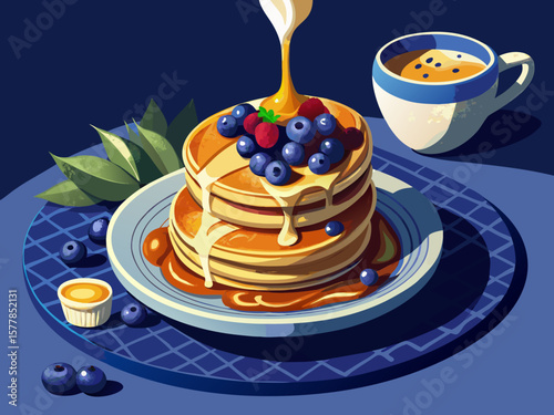 vector of Pouring maple syrup on healthy poppy seed pancakes served with Greek yogurt and wild blueberries. In a golden dish. Dark background.