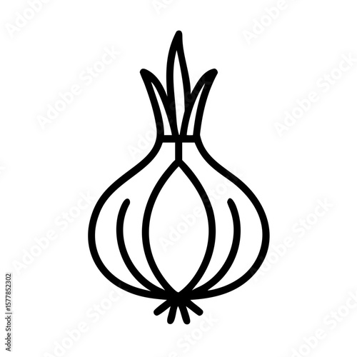 Minimalist black outline vector icon of an onion, symbolizing natural food, farming, and seasonal harvest. Isolated on a white background