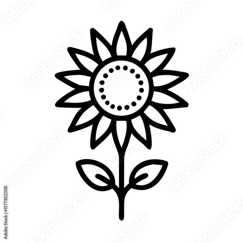 Minimalist black outline vector icon of a sunflower, symbolizing summer harvest, growth, and natural beauty. Isolated on a white background