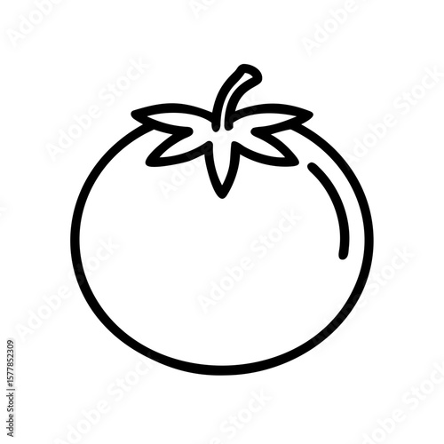 Minimalist black outline vector icon of a tomato, symbolizing summer harvest, healthy food, and organic farming. Isolated on a white background