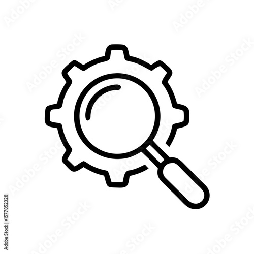 Minimalist black outline vector icon of a magnifying glass over a gear, symbolizing analysis, technical insight, and industry research. Isolated on a white background