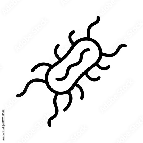 Minimalist black outline vector icon of a bacterium, symbolizing microbiology, infection, and microscopic organisms. Isolated on a white background