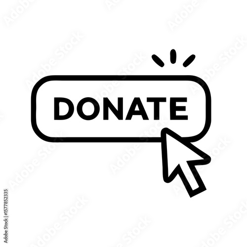 Minimalist black outline vector icon of a button labeled DONATE with a mouse cursor hovering over it, symbolizing charity, online giving, and fundraising. Isolated on a white background