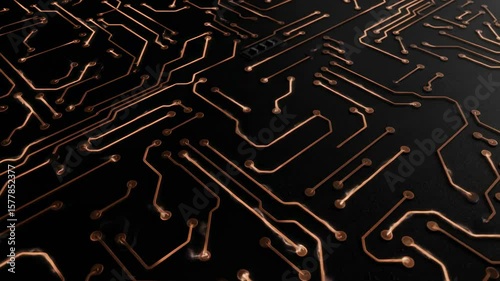 Top-down view of a dynamic circuit board pattern made of glowing, animated copper lines tracing across a matte black surface. Random electrical pulses travel through the paths, highlighting node