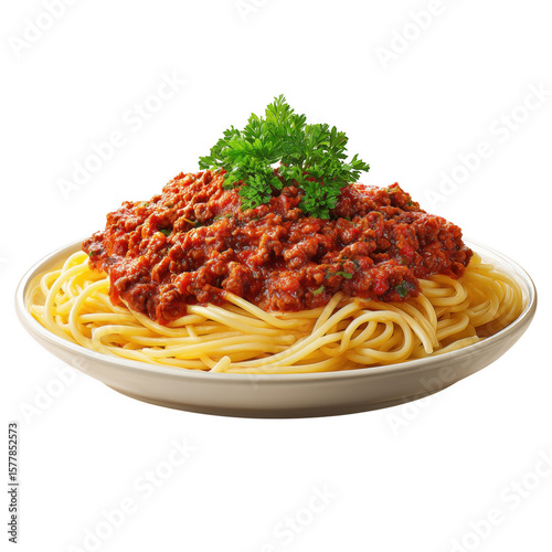 Delicious spaghetti bolognese served in a white bowl with fresh parsley on a transparent background