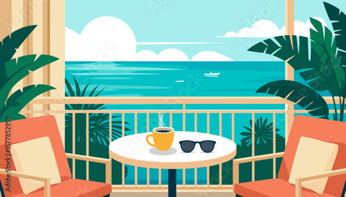 Hotel balcony with ocean view, coffee cup and sunglasses, flat vector