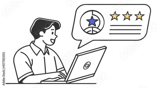 Man using laptop for online review and rating system with star feedback and customer satisfaction, 100 chars