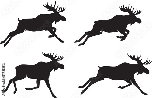 running moose silhouette vector, black and white moose in motion, minimalistic moose running illustration, moose sprint side view silhouette, wild moose in action vector, tribal moose running design, 