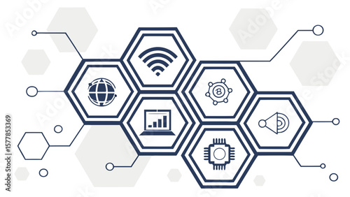 Hexagon network technology internet connection data transfer and processing system illustration concept