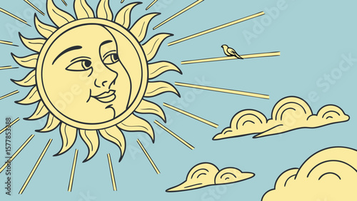 Cartoon sun face with clouds and bird vector illustration for summer sky weather design concept