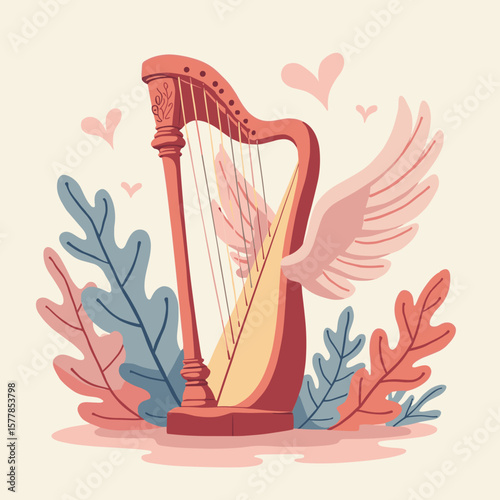 A harp with wings, an artistic mood that represents music and creativity, on a light beige background with space for copying