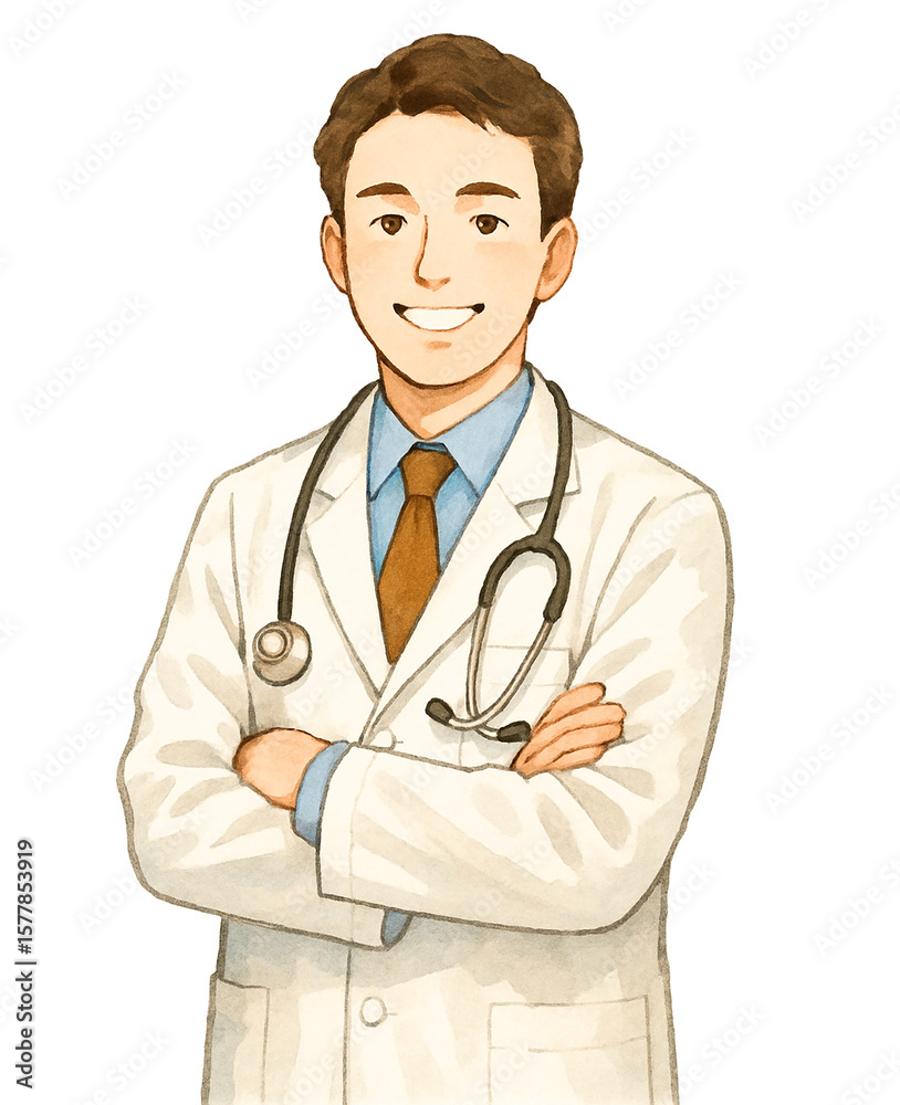 Fototapeta premium 腕組みをしている笑顔の男性の医者の水彩画のイラスト（Watercolor illustration of a smiling male doctor with his arms crossed） 