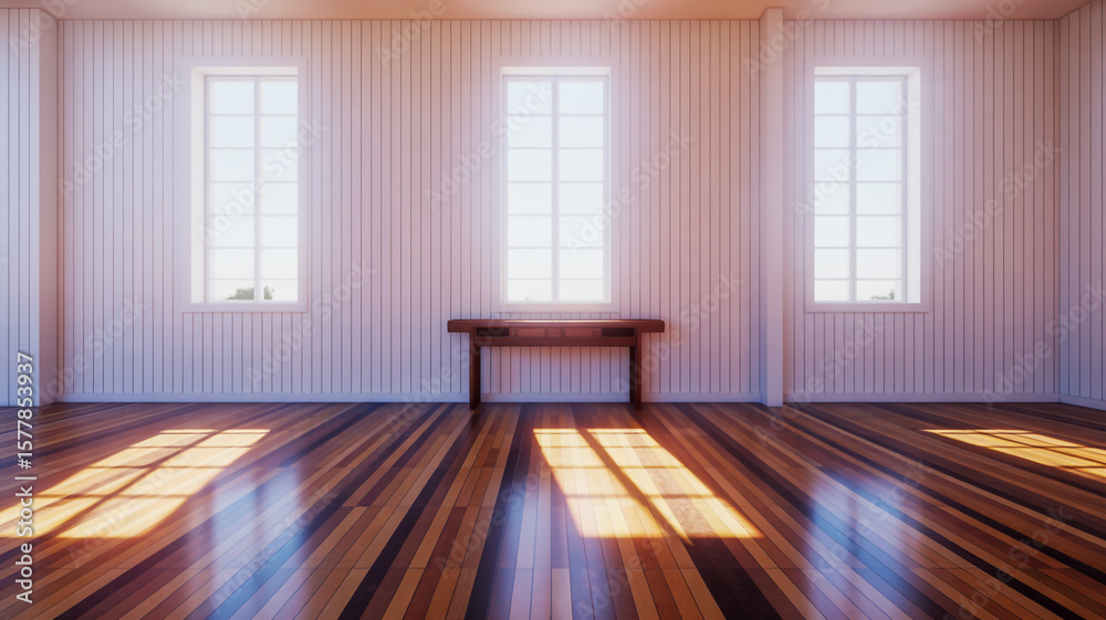 Fototapeta premium Sunlit room with paneled walls and striped wooden floor