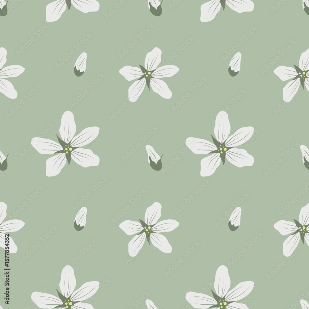 Obraz premium Seamless floral pattern with white flowers on a green background. Floral vector repeat for fabric and packaging