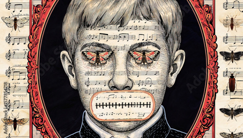 Stylized Portrait with Musical Notation, Butterflies, and Insects