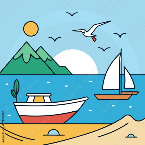 oats and birds on sunny beach with mountains and sea