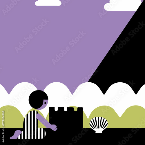 Child building sandcastle on beach in flat graphic style