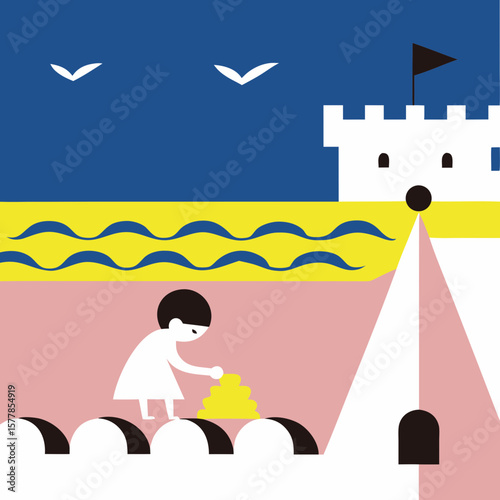 Child building sandcastle near fortress on colorful beach