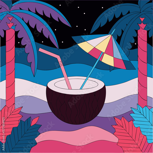 Coconut cocktail with straw and umbrella on tropical night beach