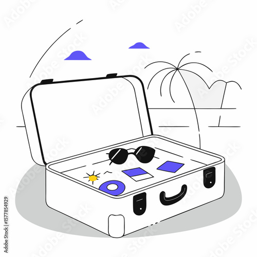 Open travel suitcase with sunglasses on tropical beach