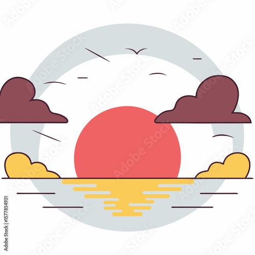 Minimal sunset over ocean with clouds and golden reflection