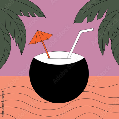 Coconut drink with straw and umbrella on tropical beach